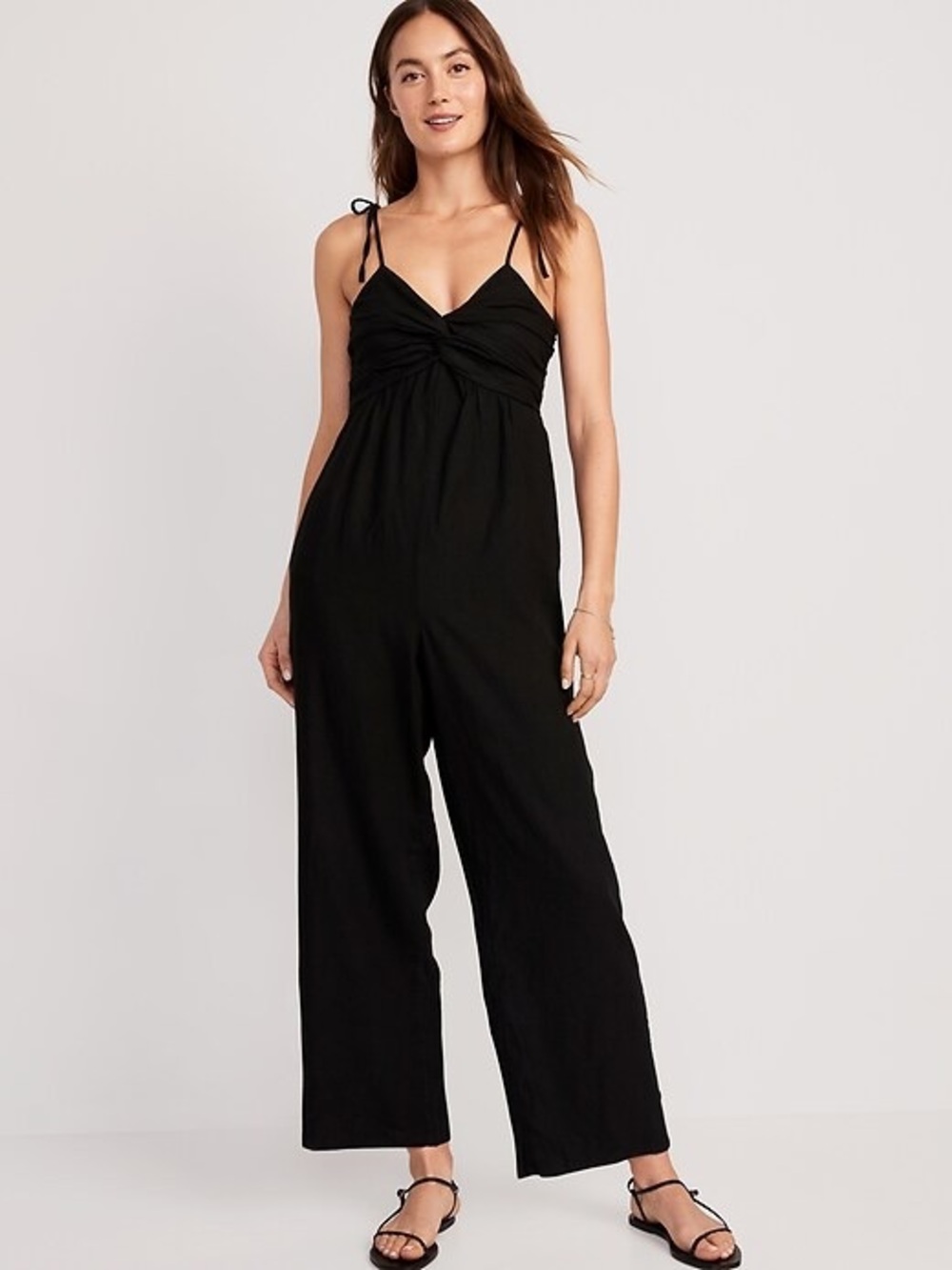 Tie-Shoulder Twist-Front Smocked Black Jumpsuit - Old Navy